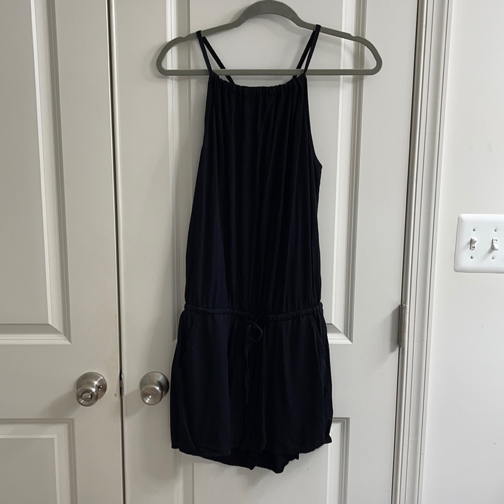 Black Short Romper With Tie Back and Pockets